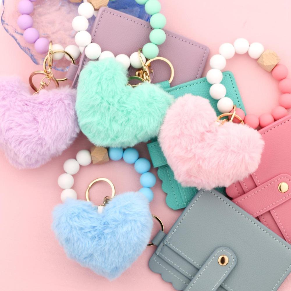New Cartoon Plush Love Card Bag, Beaded DIY Silicone Bracelet, Wallet Keychain & Luggage Pendant