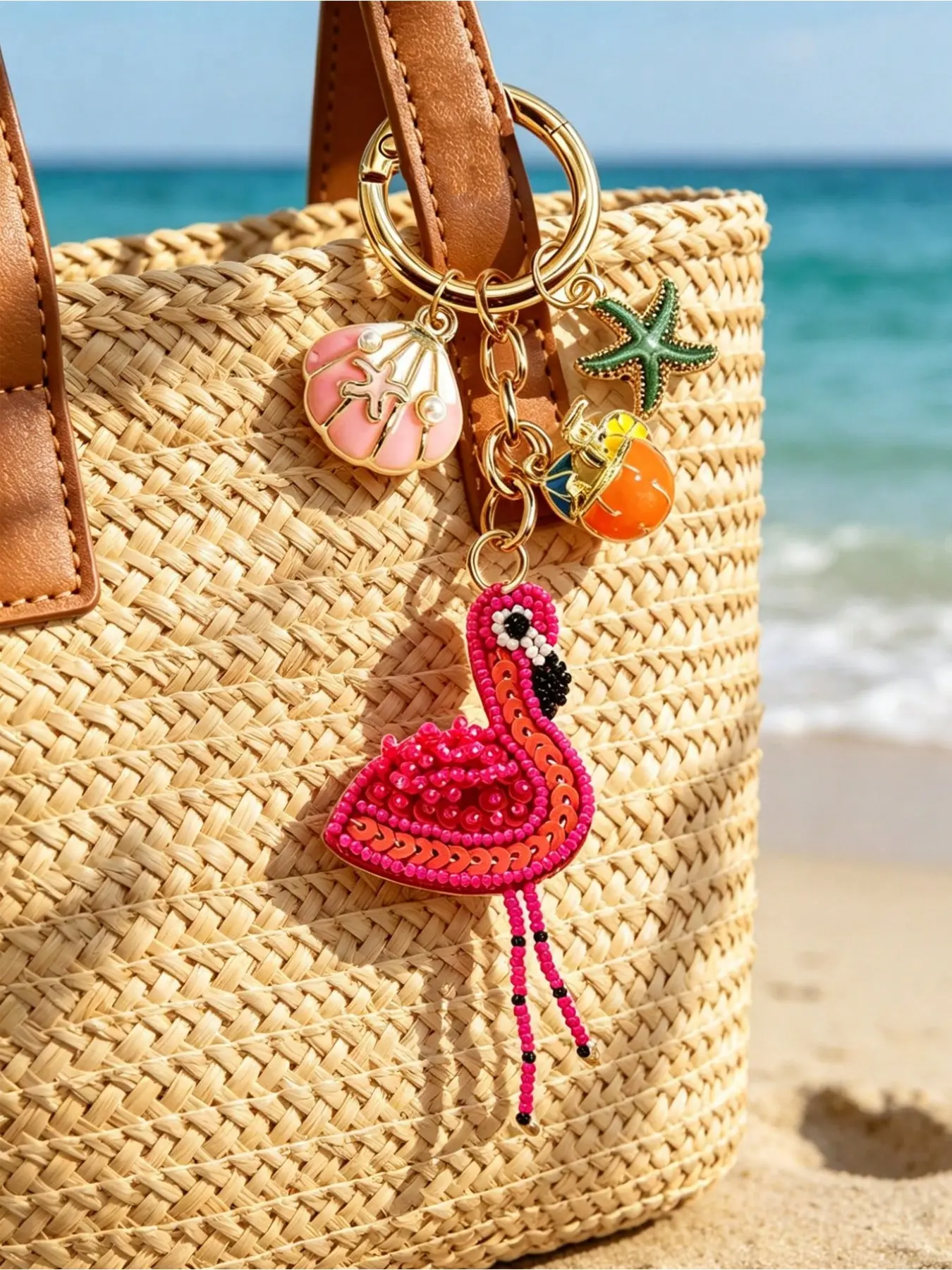 Flamingo Beaded Keychain with Shell, Coconut Water, Starfish Elements, Bohemian Style, Perfect for Backpacks, Wallets, Car Accessories