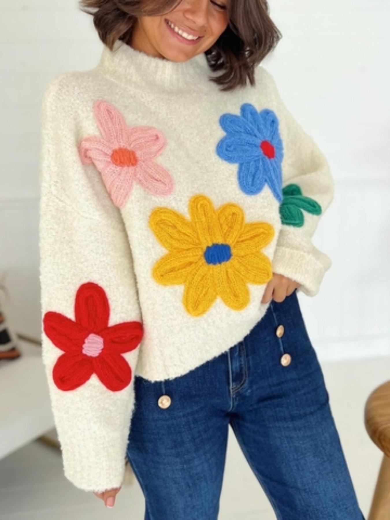 Plus Size Colorblock Floral Embroidered Drop Shoulder Sweater Pullover Knitwear, Casual Long Sleeve Mock Neck Jumper for Fall & Winter, Women's Plus Clothing for Daily Wear