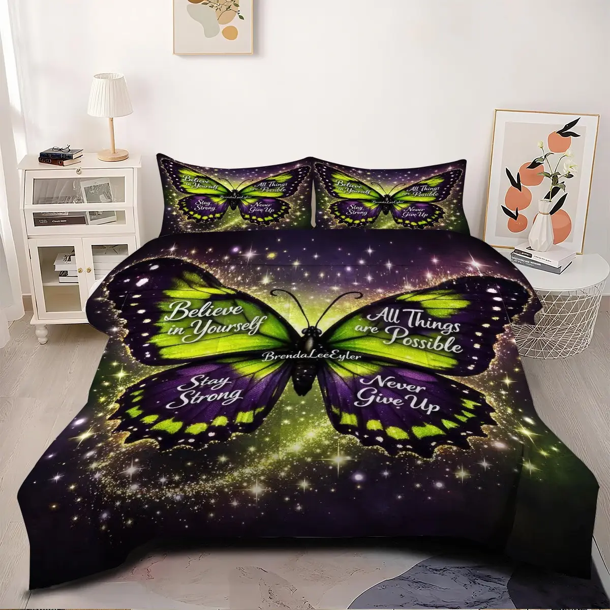 Dark Purple Galaxy Starry Butterfly Comforter Set, 2/3 Pcs Bedding Set with Pillowcases, Pillow Inserts Not Included, for Womens Teen Girls Bedroom, Calm Dorm, Motivational Spiritual Home Decor