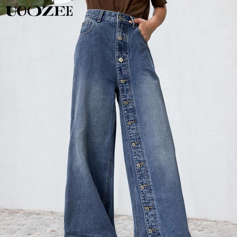 UOOZEE TikTok Exclusive Women's Casual Pocket Decorative Non-functional Buttons Wide Leg Loose Back Elastic Jeans High Waist Single Breasted Non-Elastic Regular Back Waist Comfortable Fit Outfits Womenswear Clothes Denim Bottom straight leg jeans Hip
