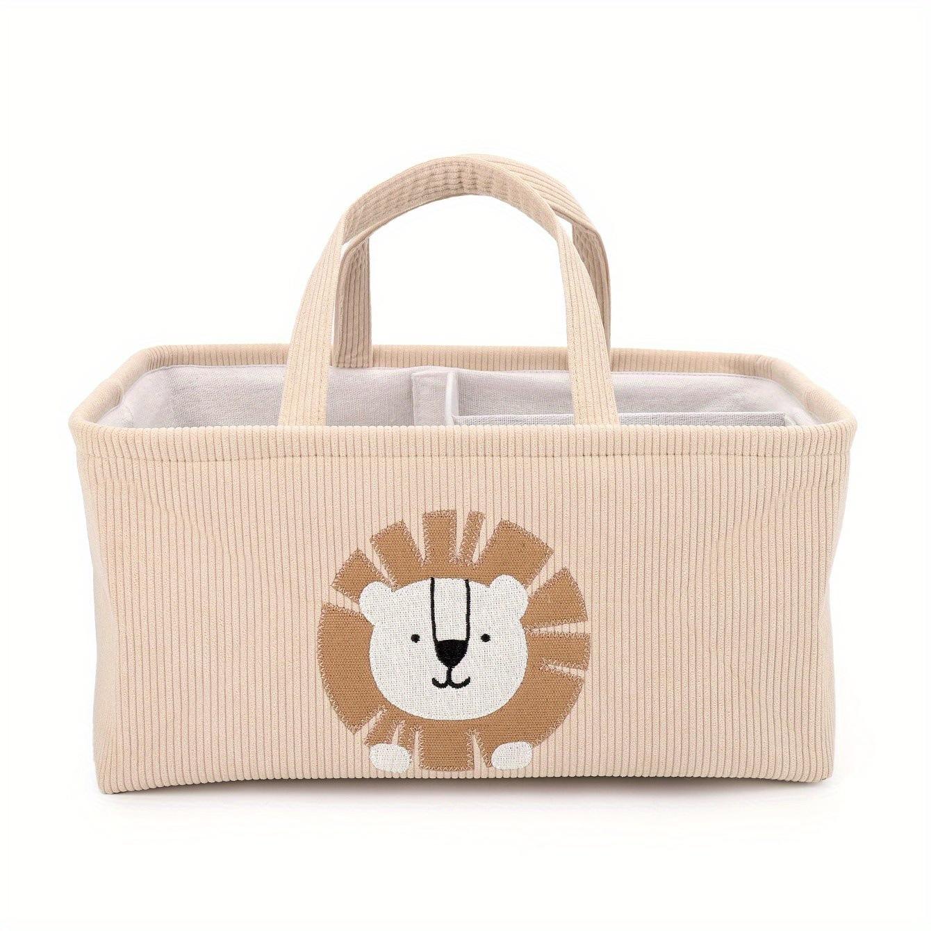 Cute Cartoon Lion Storage Basket with Handle & Divider, Portable Diaper Caddy Organizer for Baby Nursery, Toy & Clothes Storage Bin for Home
