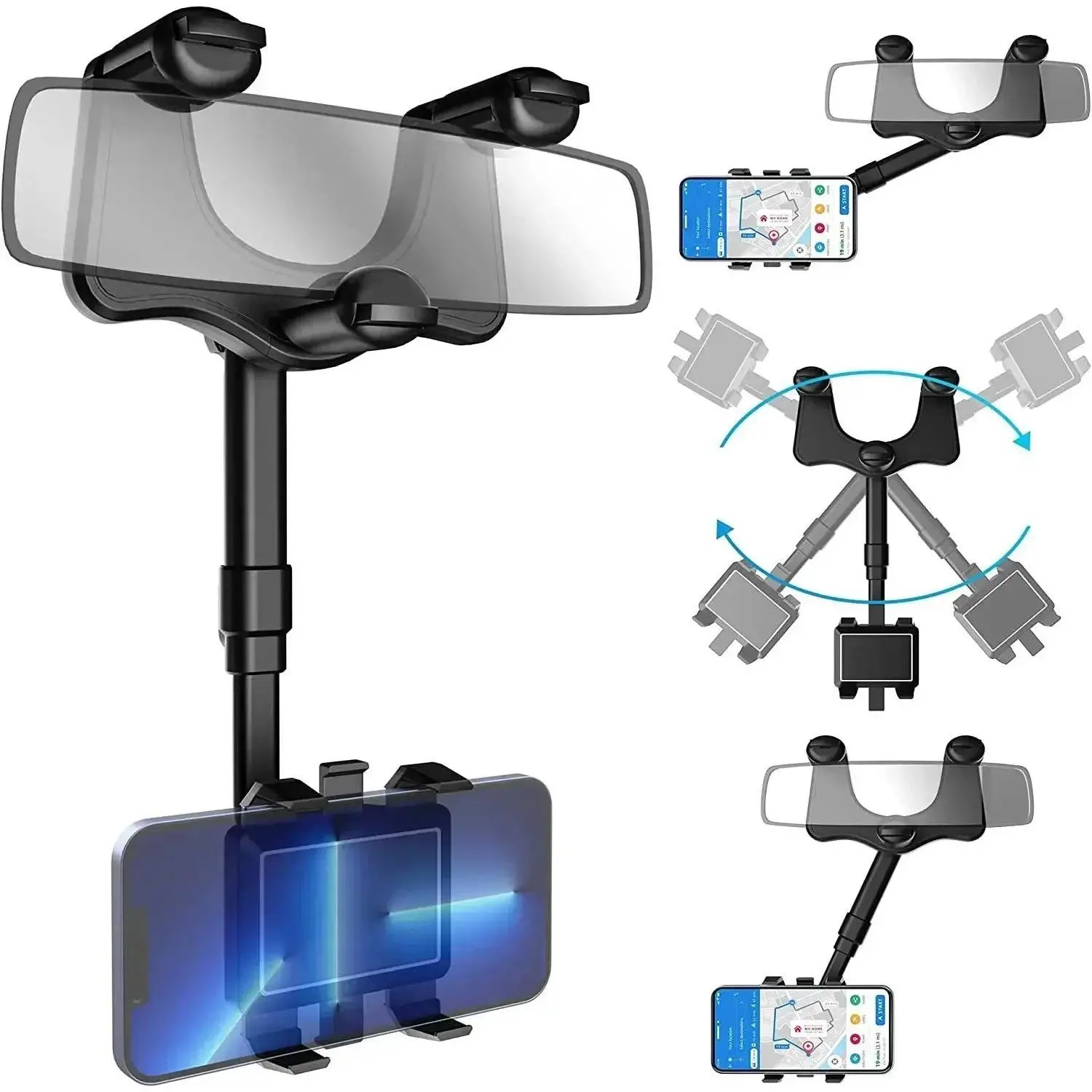 Multifunctional Phone Holder Universal Fit Cellphone Car Mount - 360 Rotatable, Adjustable Arm, Rotate-Retract Design, Rearview & Dashboard Mount for DVR, GPS, Phone Holders & Mounts