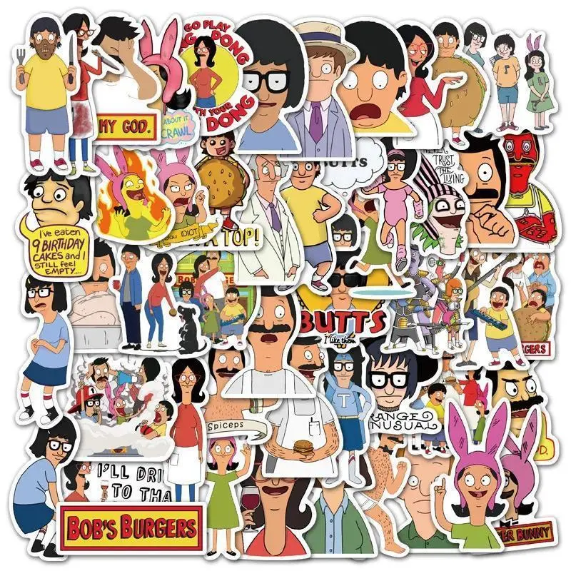 50Pcs Bobs Burgers Stickers Funny Cartoon Animation Sticker Toy Scraobook Fridge Luggage Laptop Guitar Car Bike Decals Popular stickers 2026 Hot selling toys
