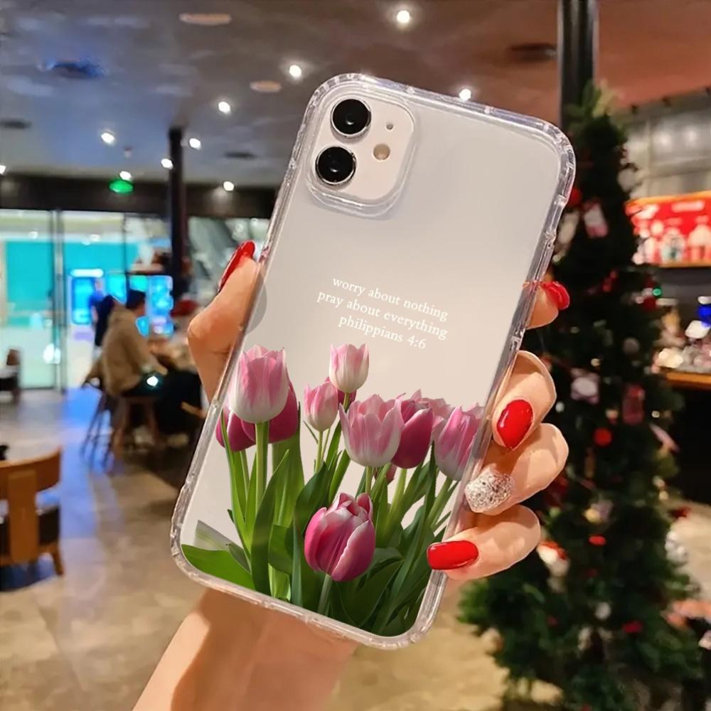 Pink tulip Philippians 4:6 Christian aesthetic pattern, anti-drop, non-slip TPU large hole lens transparent mobile phone protective case, suitable for iPhone 17 16 15 14 13 12 11 XS X and other series models, holiday gifts for friends or family