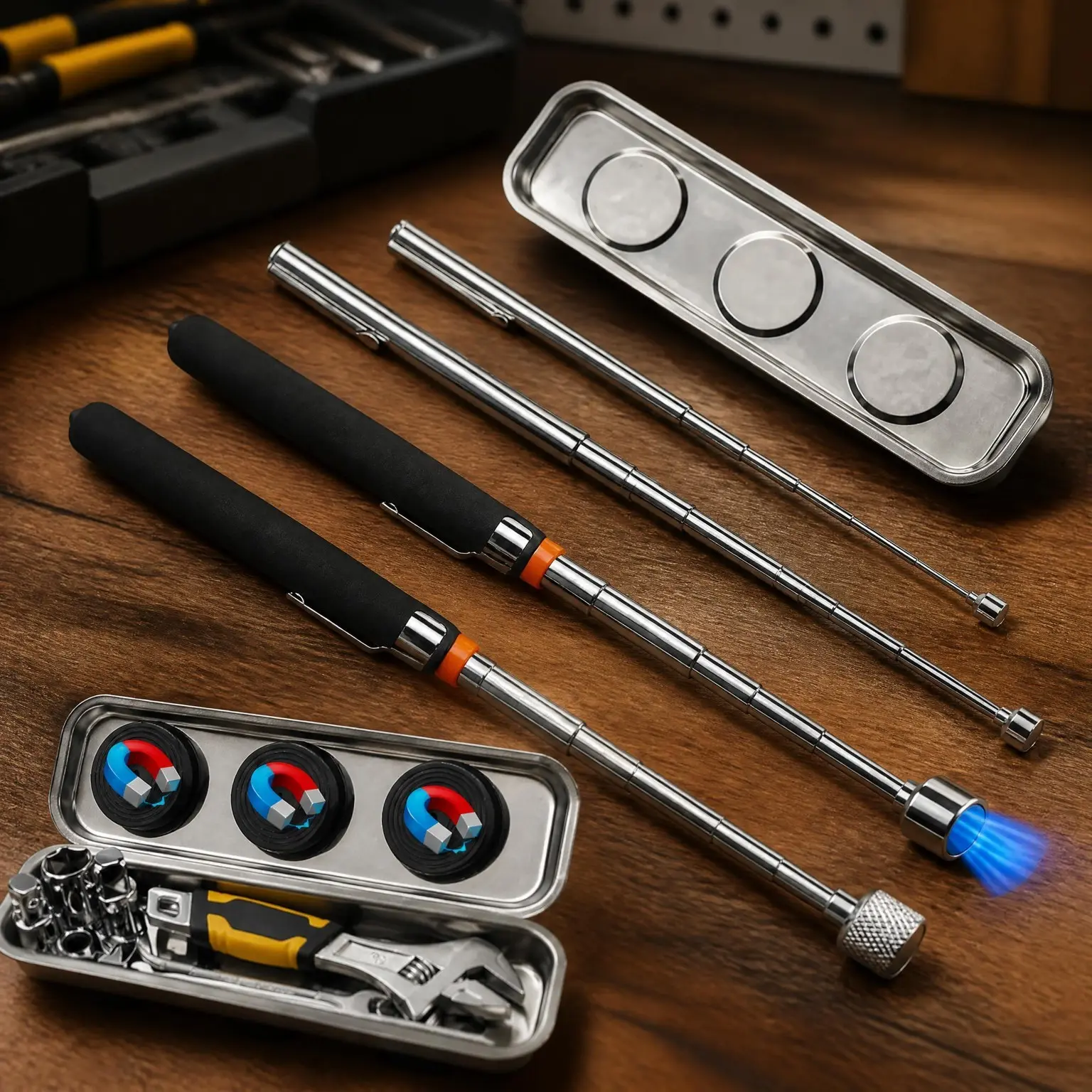 5-Piece Magnetic Pickup Tool Set with 15LB, 10LB, 3LB, 1.5LB Telescoping Magnet Sticks and Rust-Proof Magnetic Tray for Mechanics, Automotive, DIY, Gifts for Men, Dad, Husband