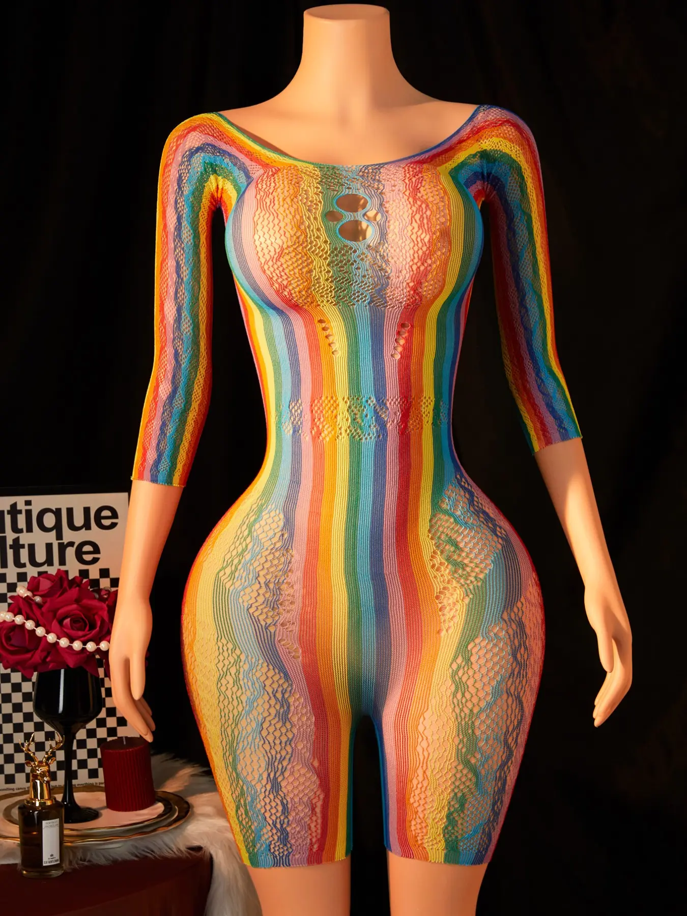 Colorful Rainbow Stripe Mesh Bodysuit for Women, Three Quarter Sleeve Off Shoulder Hollow Cutout Fishnet Cover Up, Elastic Slim See Through Outerwear for Pride Festival Night Out Beach Trip