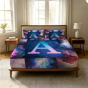 3 Piece Colorful Starry Sky Monogram Fitted Sheet Set, Trendy Cosmic Nebula Themed Bedding Set, Crafted from Comfortable, Durable Fabric, Fits Most Mattresses, Perfect for Bedrooms, Dorm Rooms, and Guest Rooms