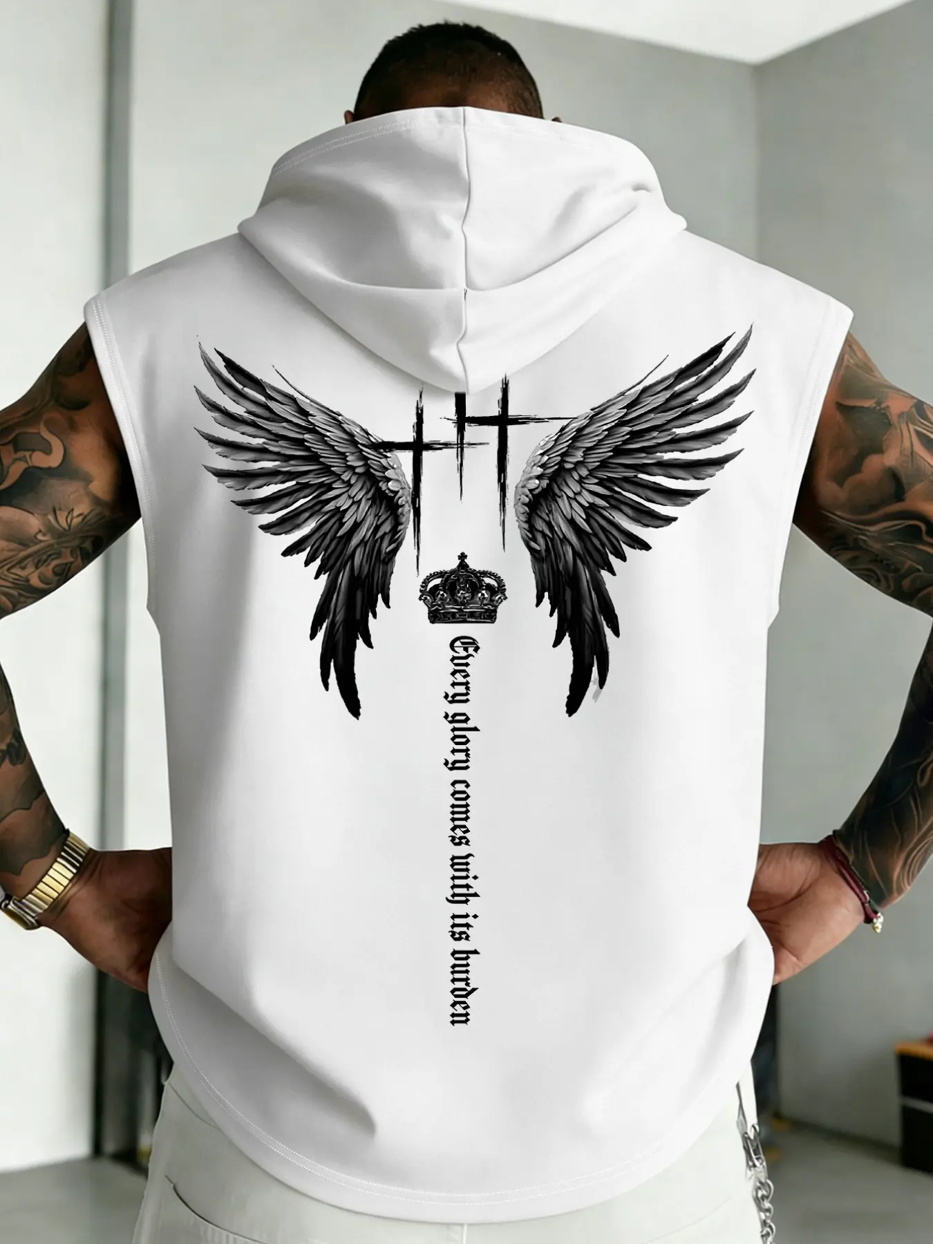 Men's Sleeveless Hooded Vest, Cross Emblem Graphic Print, Edgy Design, Streetwear Casual Fitness Drawstring Cape, Trendy Unisex Design, Menswear#MensHoodedTank #WingPrintTee #StreetwearMen #GymVest #TikTokFashion #TrendingMens #FaithStyle #OOTDMen