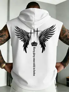 Men's Sleeveless Hooded Vest, Cross Emblem Print, Streetwear Casual Fitness Drawstring Cape, Trendy Unisex Design#MensHoodedTank #WingPrintTee #StreetwearMen #GymVest #TikTokFashion #TrendingMens #FaithStyle #OOTDMen