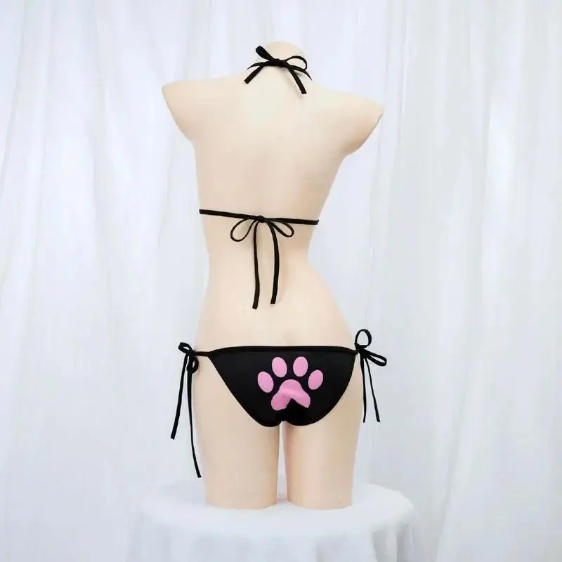 Anime Kawaii Girl Cute Cat Paw Triangle Tie Side Bikini Swimsuit Women Claw Pattern Three Point Underwear Set Costume Cosplay