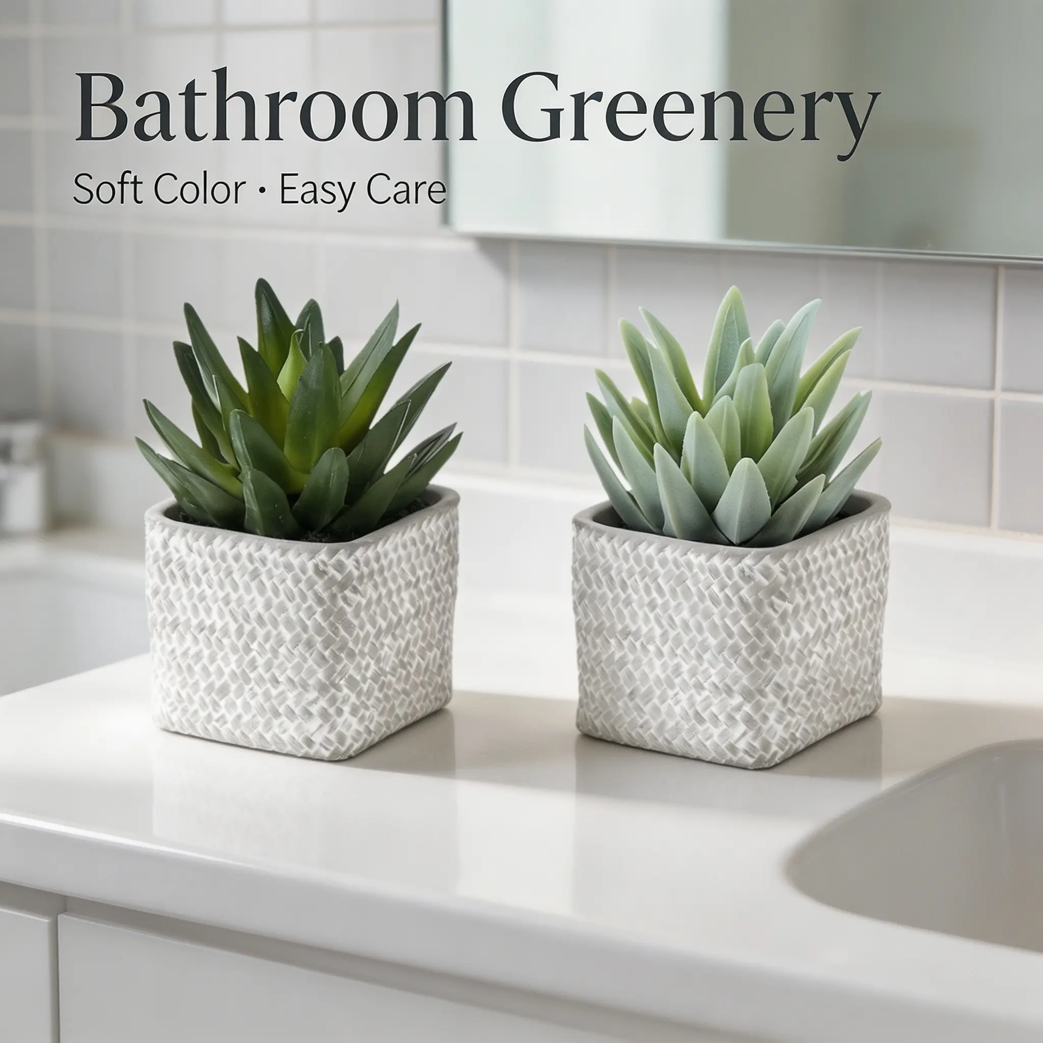 Artificial Succulent Plants Set of 2, 8" Tall Fake Succulents with Grey Cement Pots, No Maintenance Modern Contemporary Faux Plants for Bathroom Office Desk Indoor Decor