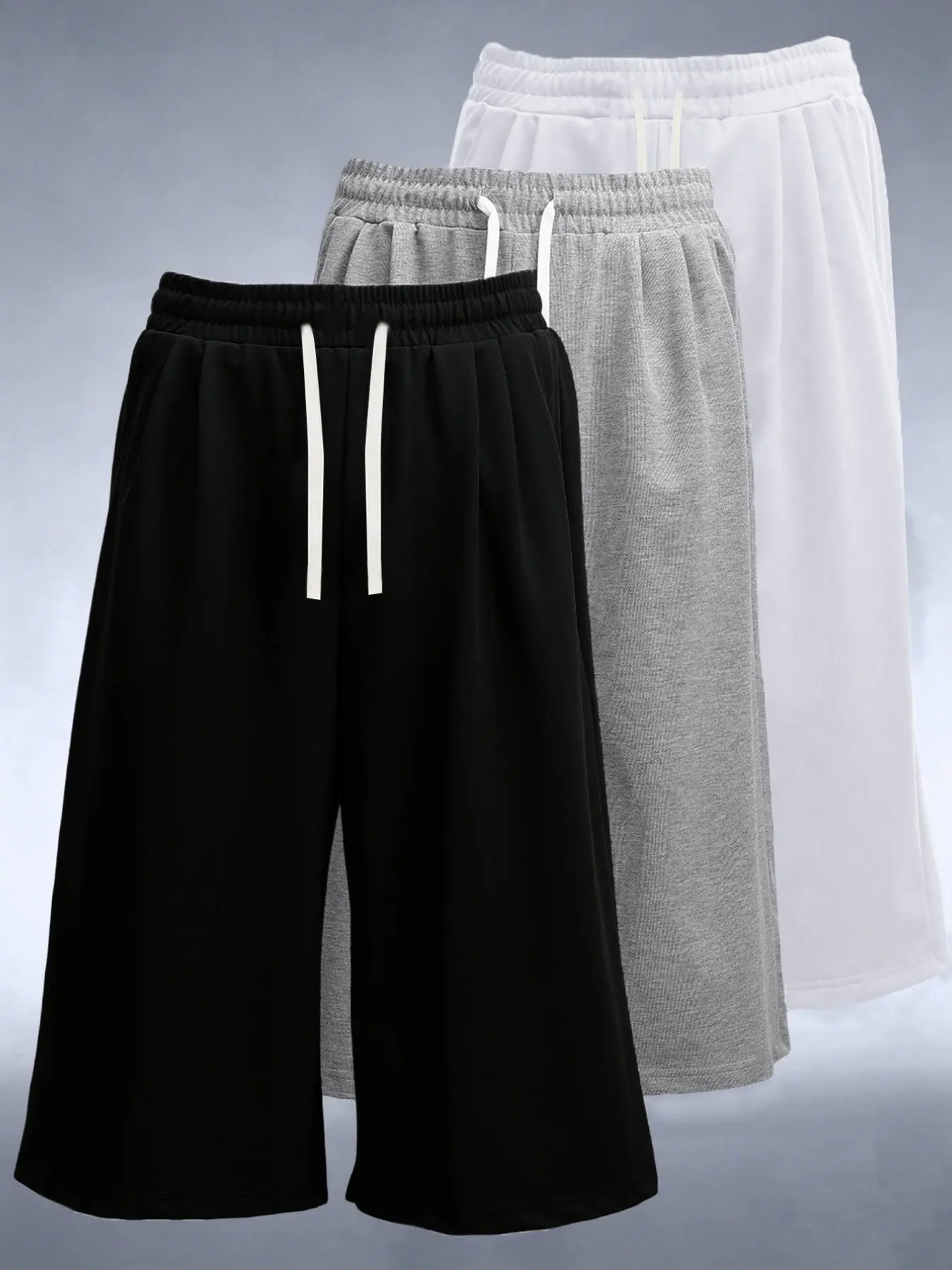3 Pack Solid Cropped Sweat Pants Elastic Waist Decorative X-tip Drawstring Breathable Soft Fabric Knee-Length Trousers Multi Black Grey White Colors Casual Lounge Workout Summer Daily Unisex Bottoms