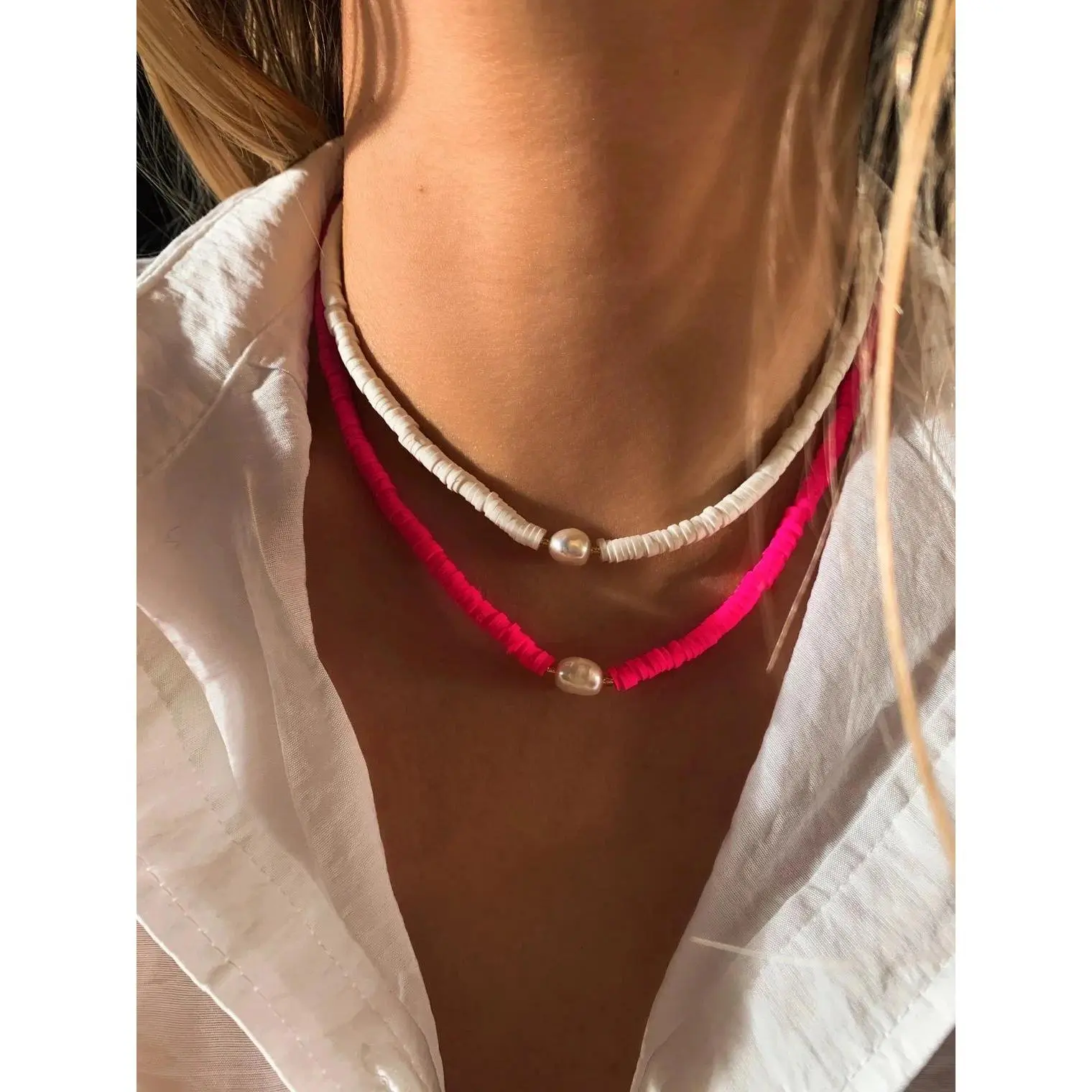 CCGOOD Women's Boho Adjustable Clay Bead Necklace with Natural Pearl, Handmade Polymer Disc Jewelry for Women's Fashion, Party Wear Summer Beach Gift (Beaded, Boho, Coastal Styles), Beaded Necklaces