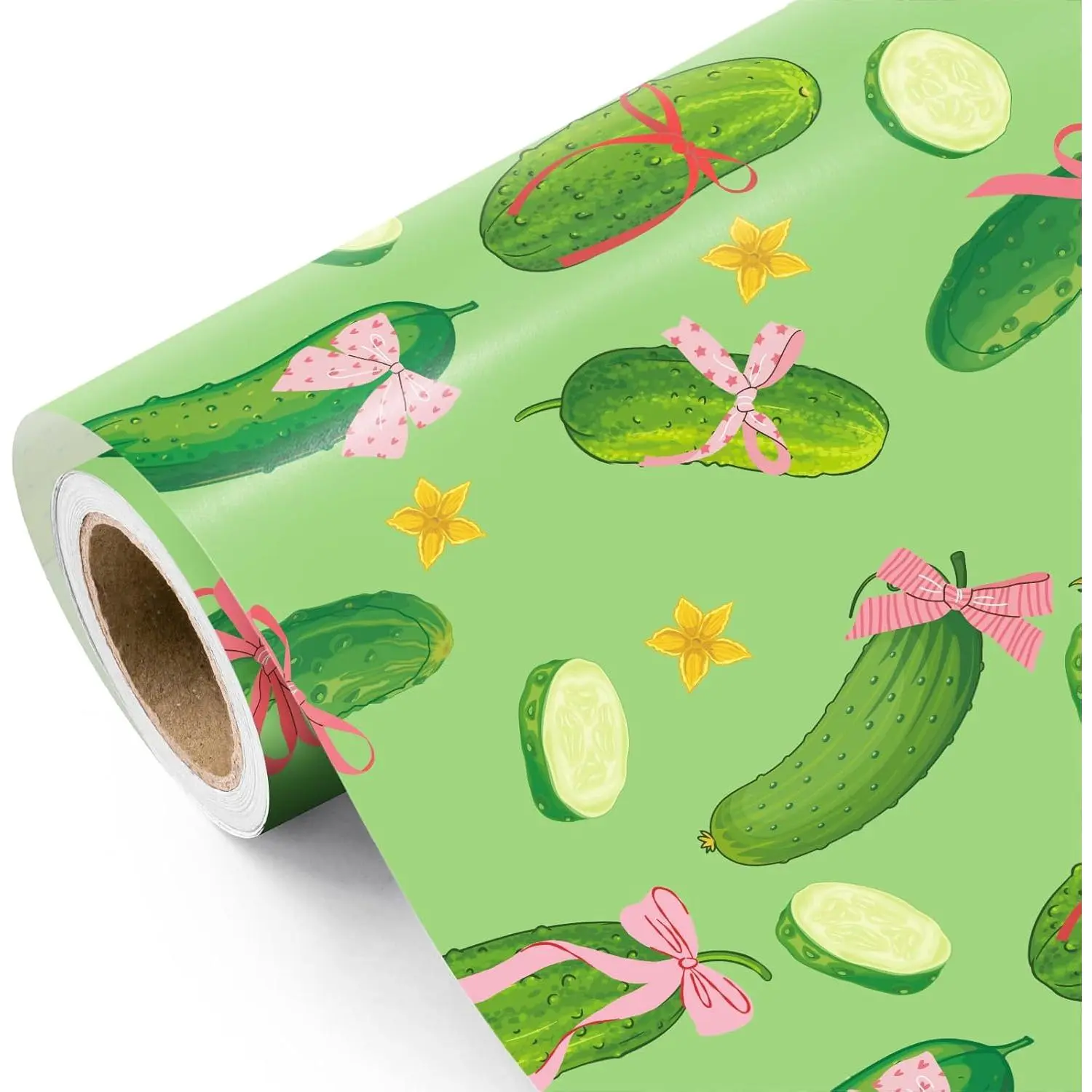WRAPAHOLIC Funny Pickle Wrapping Paper Roll - Mini Roll - 17 Inch x 16.5 Feet - Green Cucumber and Pink Bow Wrapping Paper for Adults, Pickle Themed Birthday Party, Anniversary