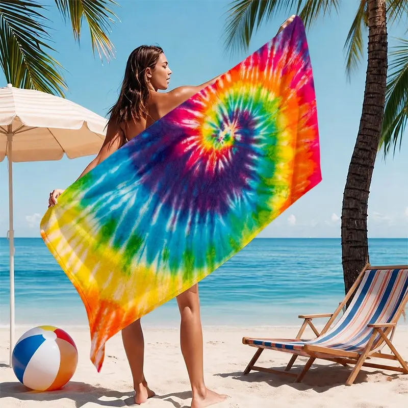 Rainbow Tie-Dye Beach Towel, Vibrant Gradient Spiral Pattern, Absorbent and Sand-Resistant, Ideal for Beach, Pool, Travel, Camping