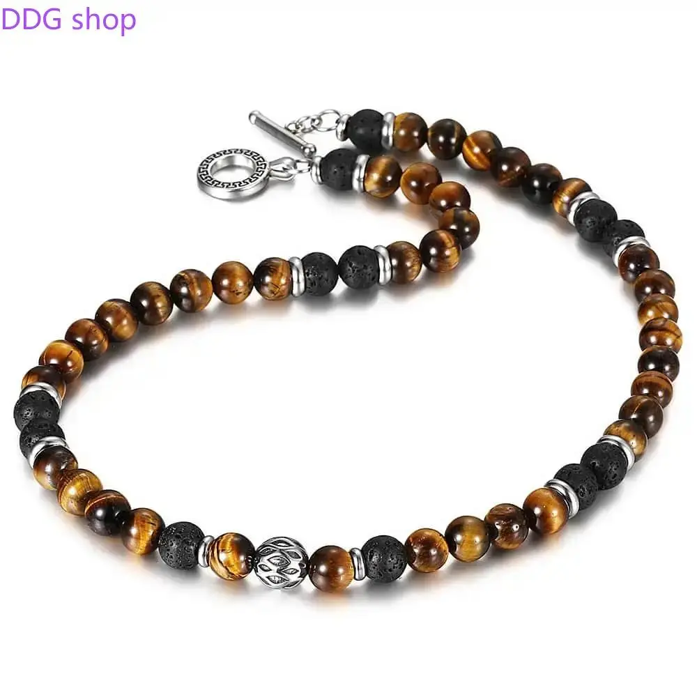 8MM Natural Yellow Tiger Eye Stone Lava Beaded Necklace, Casual Style 20-Inch 54g Handmade Choker with Toggle Clasp for Adults, Sports & Outdoor Protective Gear Accessory Christmas Gift
