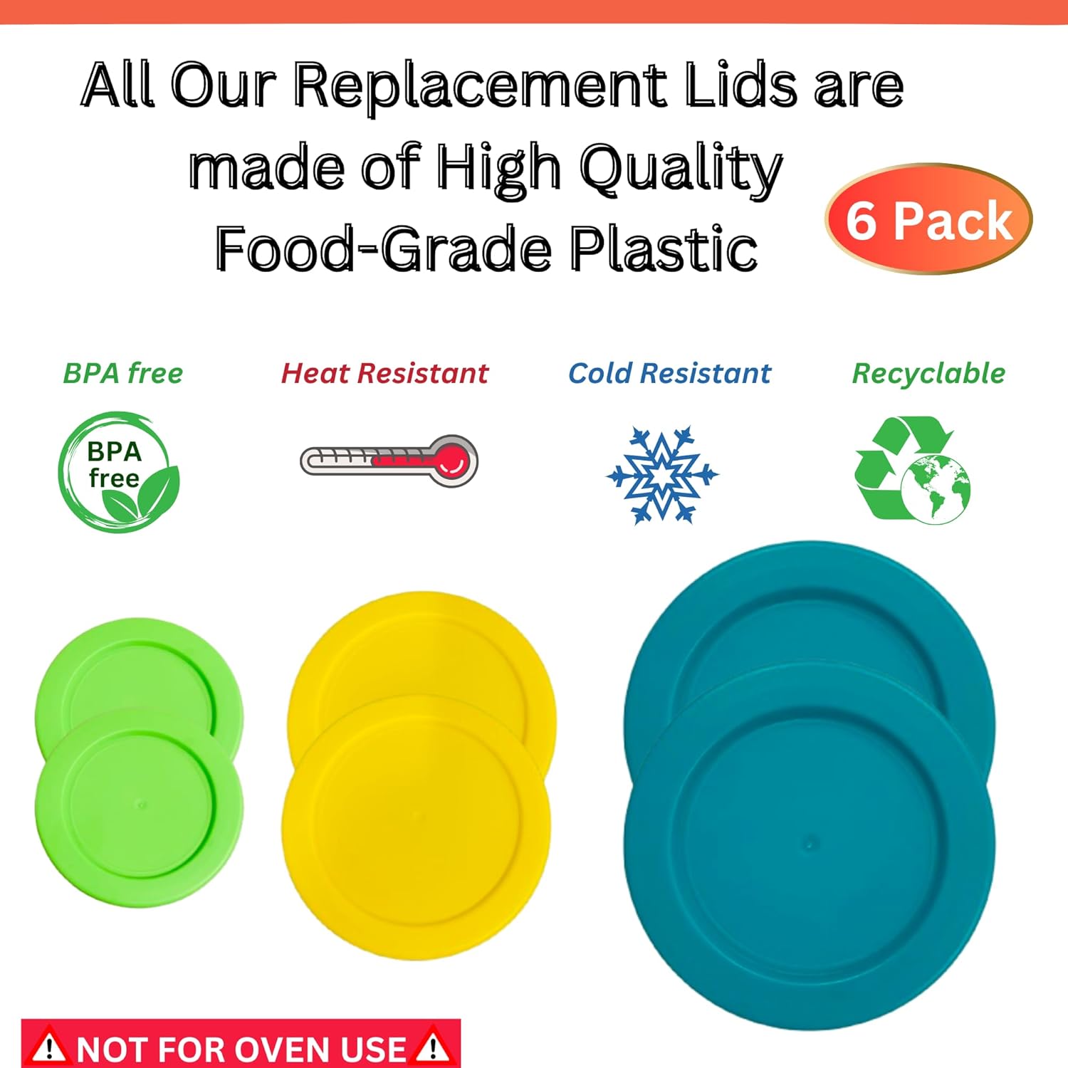 2, 4 & 7 Cup Replacement Lids/Covers for Pyrex, Anchor Hocking &  Storage Bowls *Lids Only - Glass Container Not Included* (6 Pack *Two of Each Size*, Spring Green, Yellow, Turq)