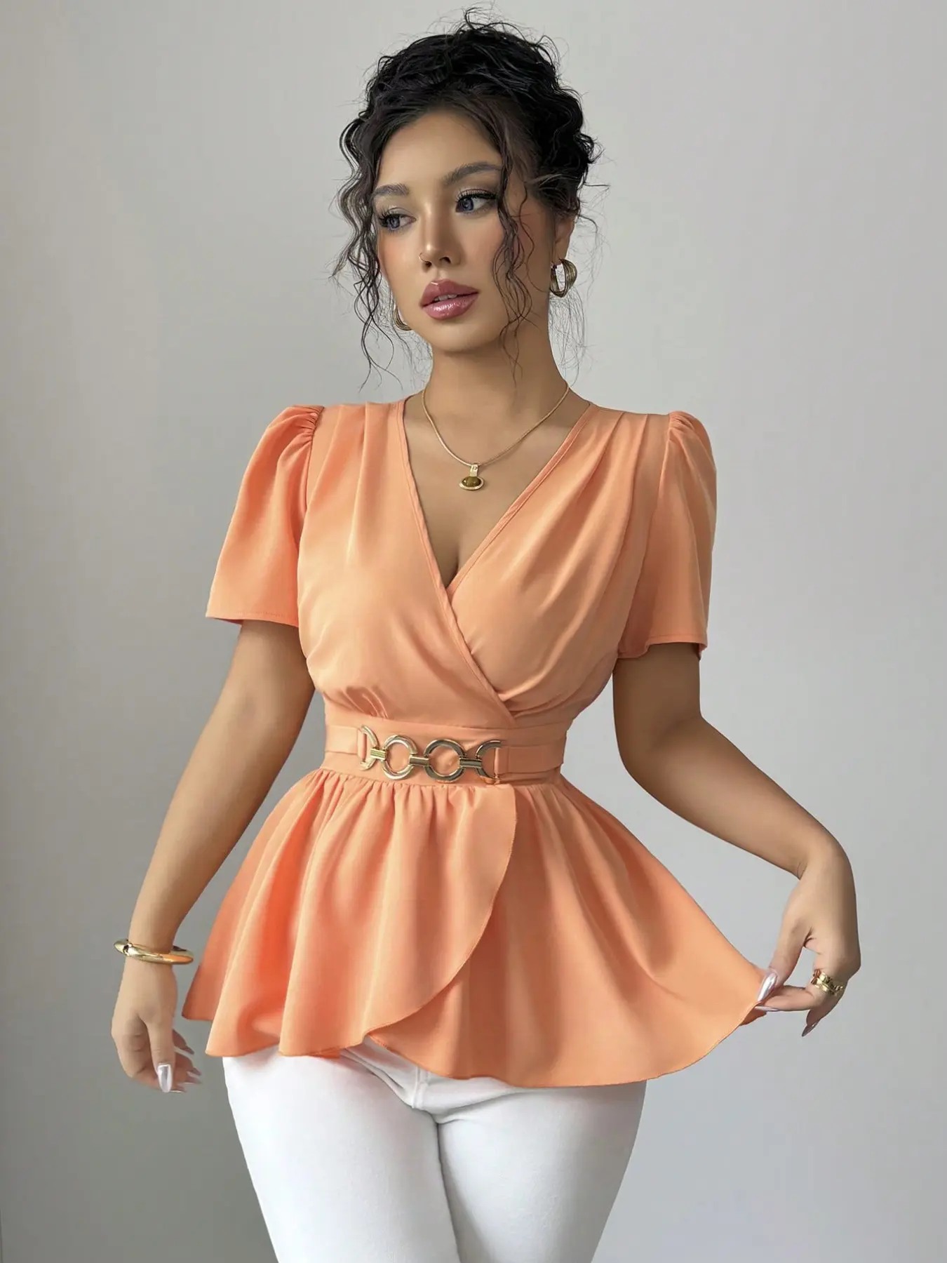 Wrap V-Neck Bubble Short Sleeve Fitted Top with Ruffle Hem, Waist Belt, Non-Removable Metal Ring, Plain Pattern, Unlined Shirt