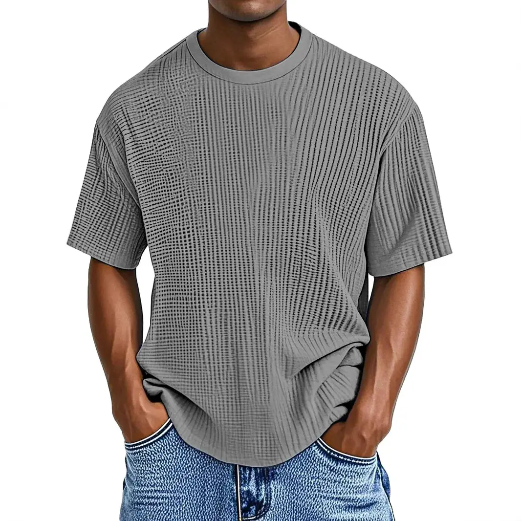 2026 New Cross-Border Men's Summer Casual Solid Color Comfortable Waffle Knit Short-Sleeve T-Shirt, Versatile Top for Men