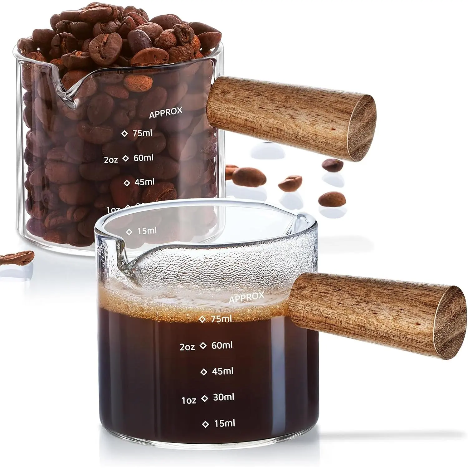 2 Pack Espresso Shot Cups Measuring cups, 4 FL OZ Wooden Handle V-Shaped Double Spout Espresso Shot Glass, Coffee Bar Essentials, coffee accessories