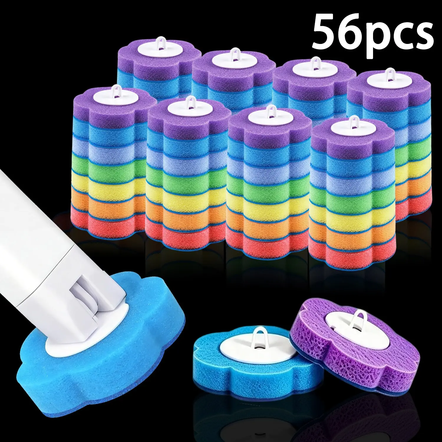 56pcs Colorful Toilet Brush Replacement Heads, Toilet Brush Refills, Seven Colors Disposable Sponge Brushes, Ocean Scented, Bathroom Cleaning Set