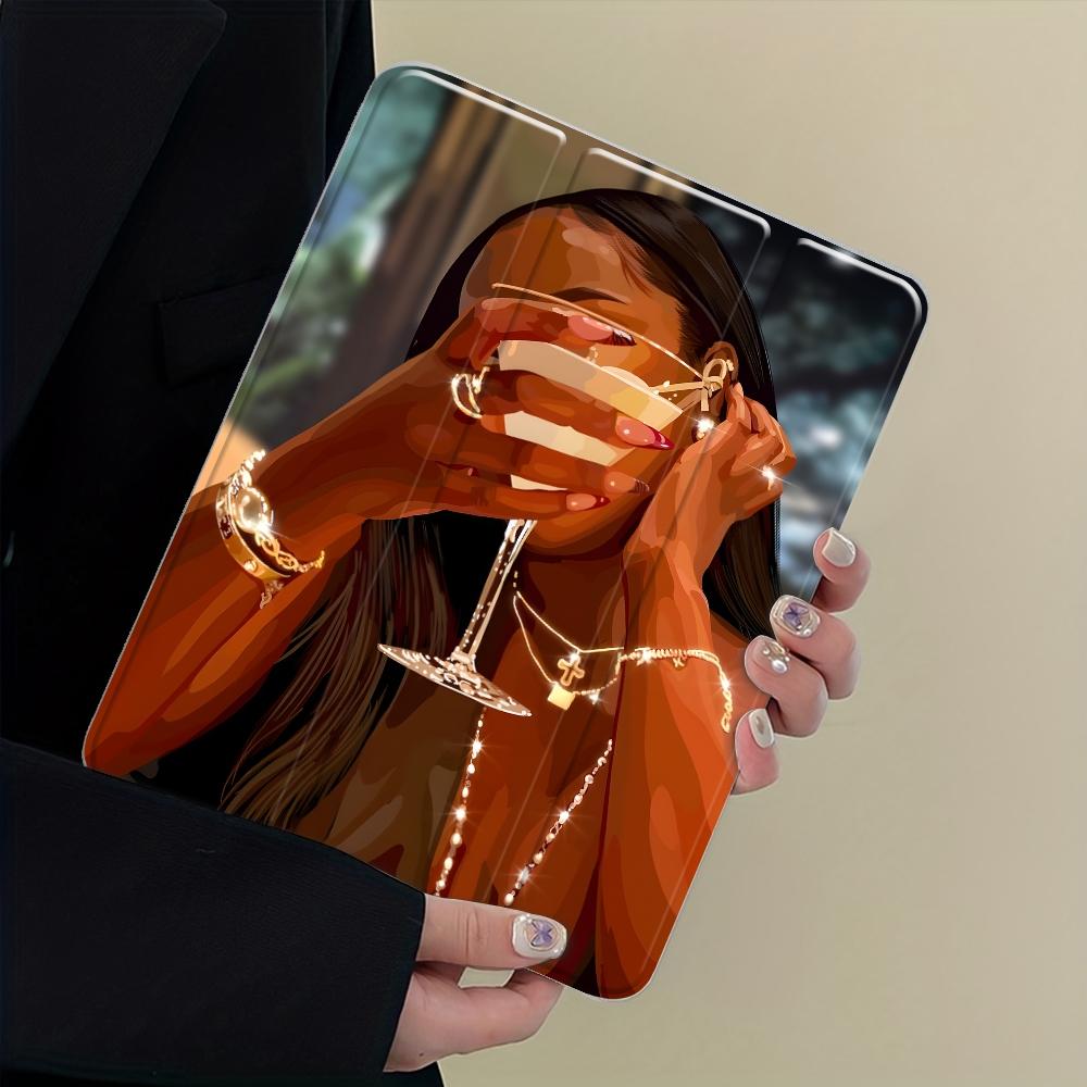 Glamorous Cocktail Lady Design Three-tiered stand iPad case, Transparent Acrylic Hard Back Panel With Pencil Slot, Suitable for All models ipad.Scratch-resistant Ultra-thin Protective Case, Shock-resistant Full Cover for Offices Schools Home Tablet Casing