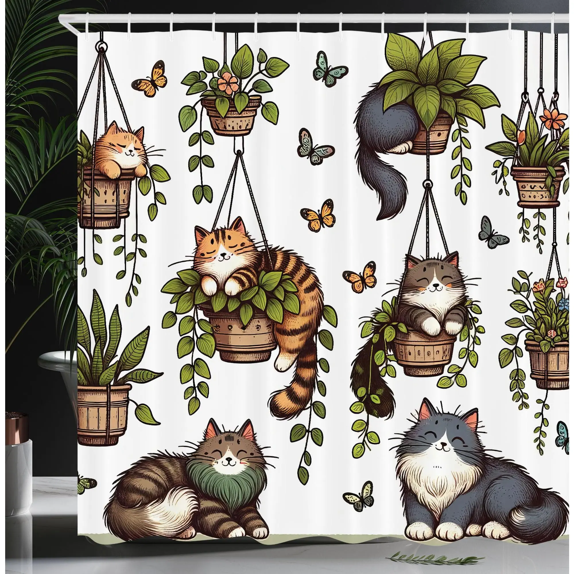 Turkish Aesthetic Decorative Artwork Shower Curtain - Cat & Plants Pattern, 70x69 in Cute Cartoon Animal Bathroom Curtain, Washable Bathroom Decoration Accessory with 12 Hooks, Aesthetic Shower Curtain