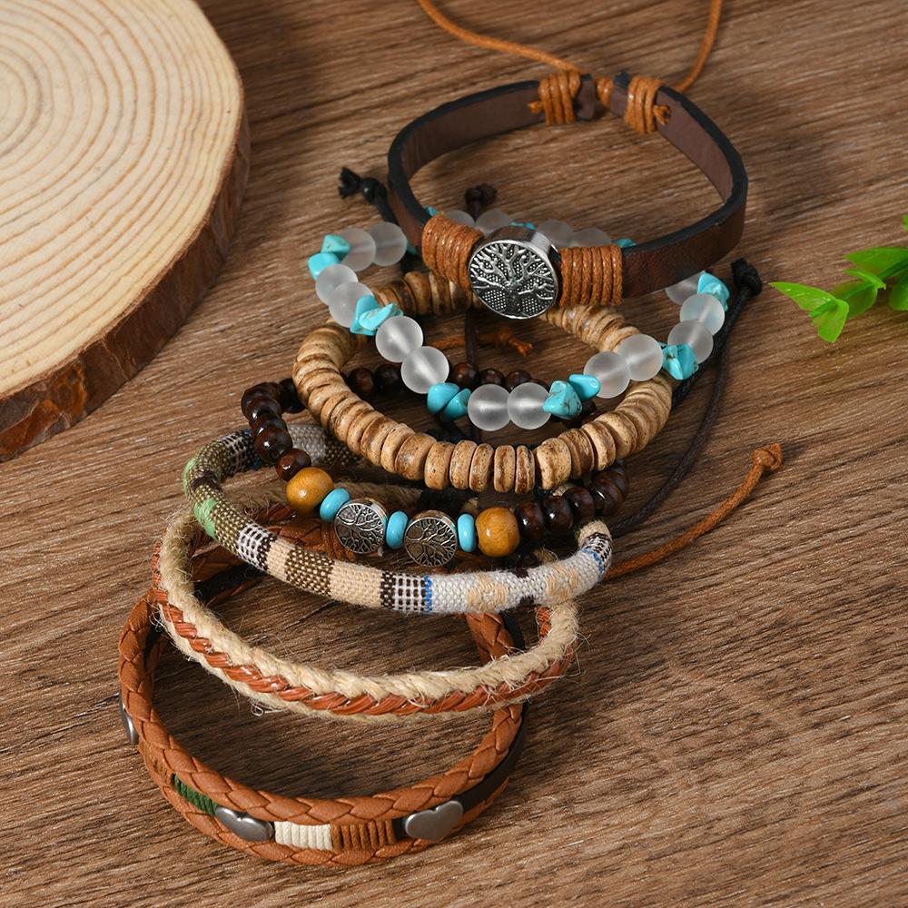 Boho Style Women's Multi-Layered Stackable Bracelet Set - Ethnic Retro Hand Jewelry with Tree Charm, Turquoise Beads, Ideal for Everyday Wear