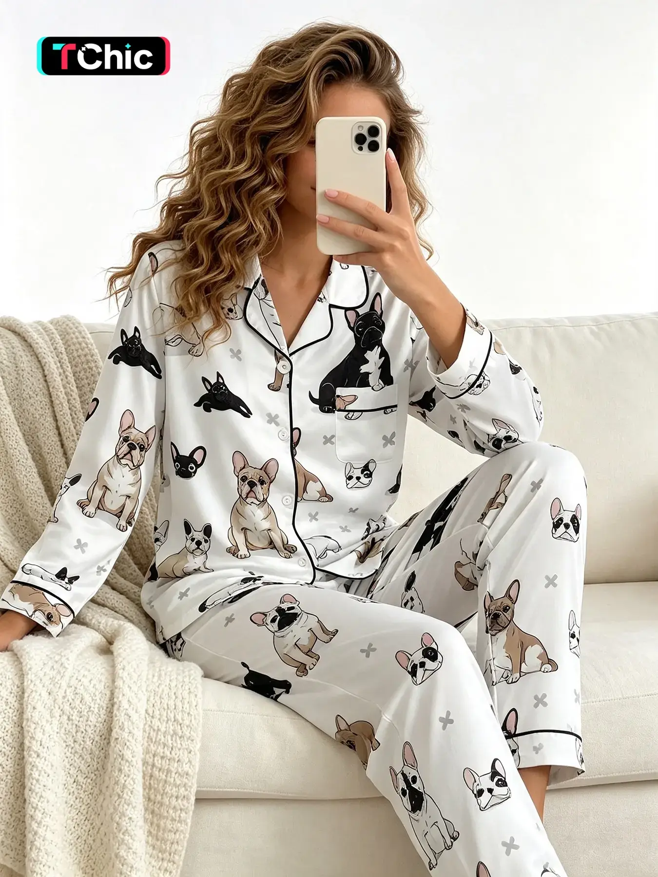Women's 2 Piece Pajama Set, Long Sleeve Open Shirt+Long Pants, All Season Wear, Pet Lover French Bulldog Print, Warm Cozy Style, Fashion Casual Home Wear, Loungewear