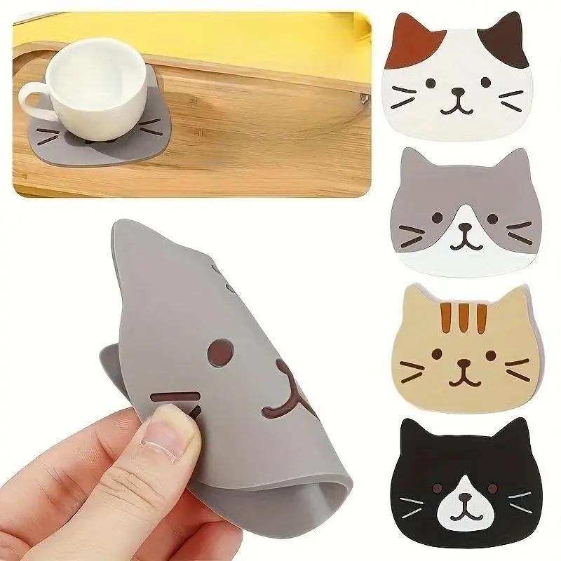 5Pcs Cute Cartoon Cat Pattern Silicone Coasters Heat Resistant Non Slip Cup Mats Waterproof Drink Coaster Practical Kitchen Table Decor Accessories for Home Living Room