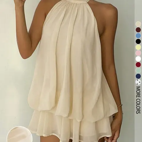 【Black Friday】Women's Simple Solid Backless Halter Sleeveless Dress, Elegant Chic Ruffle Design, Perfect for Casual Wear, All Seasons Fashion