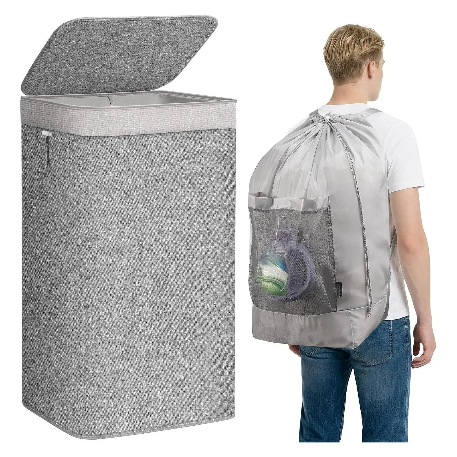 2-in-1 Laundry Hamper & Backpack Bag, 90L Metal Frame Laundry Basket with Shoulder Straps, Mesh Pocket for College, Travel, Laundromat, Apartment - GrayGift