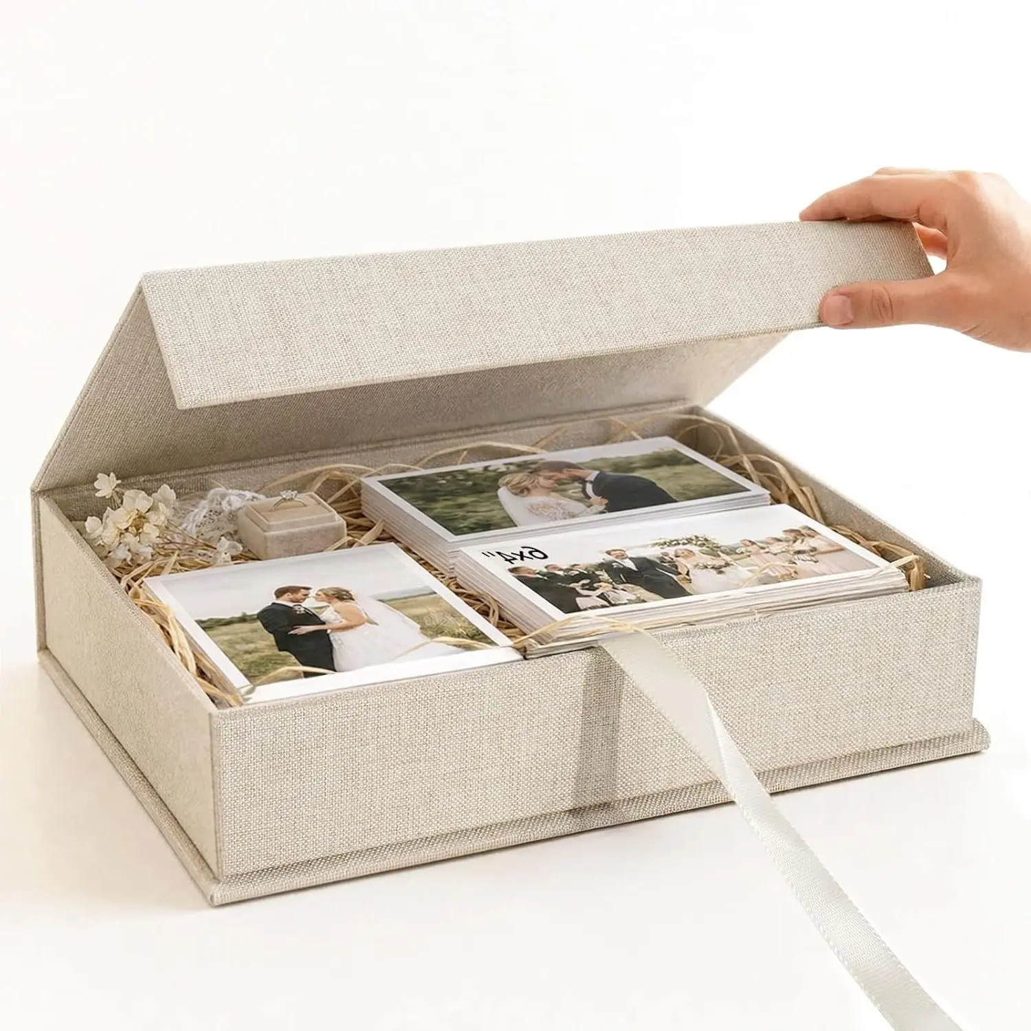 Beige Linen Photo Storage Box 8x10, Memory Keepsake Box with Connected Lid for Photos, Certificates, Scrapbooking Supplies, JewelryGift