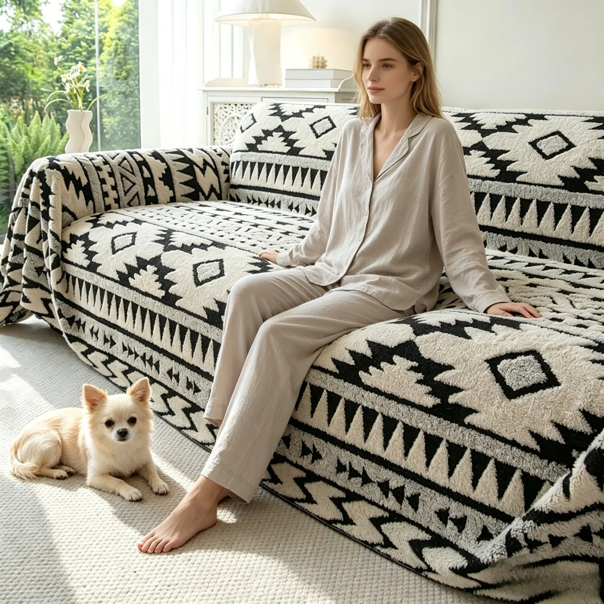 1pc Ethnic Style Rhombus Pattern Sofa Blanket, Soft Cotton Velvet Non-Slip Sofa Cover, All-Season Dust Protection Pad, Pet-Friendly Sofa Towel