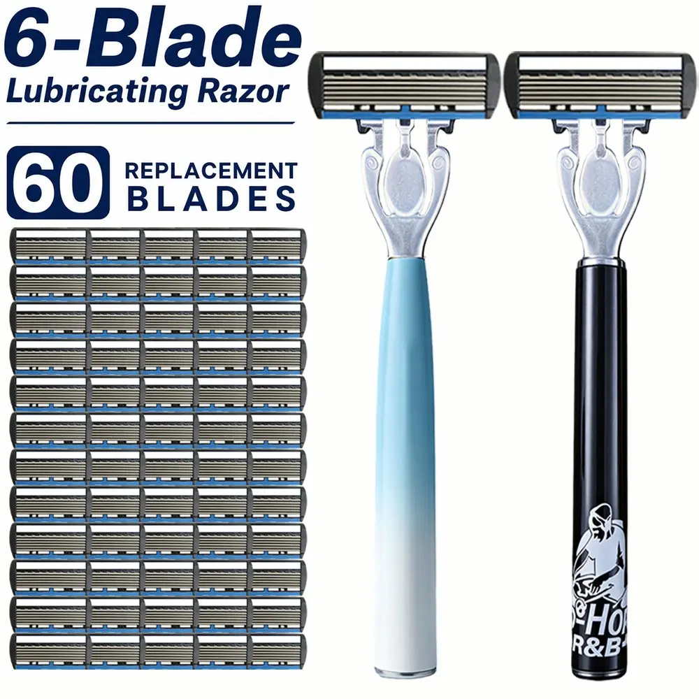 6-Layer Lubricated Manual Razor Set, 2 Handles + 60 Blades, Gradient Blue & Dj Design, Smooth Shave, Travel-Friendly, Men's Replacement Blades