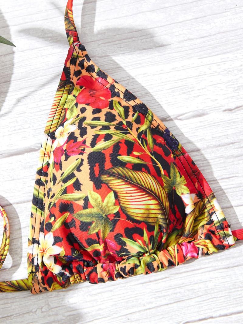 Women's 3pcs Floral Print Tie Back Bikinis Set, Halter Triangle Swim Top & Tie Side Swim Bottom & Cover Up Skirt Set, Summer Beach Holiday Vacation Swimwear Set for Women