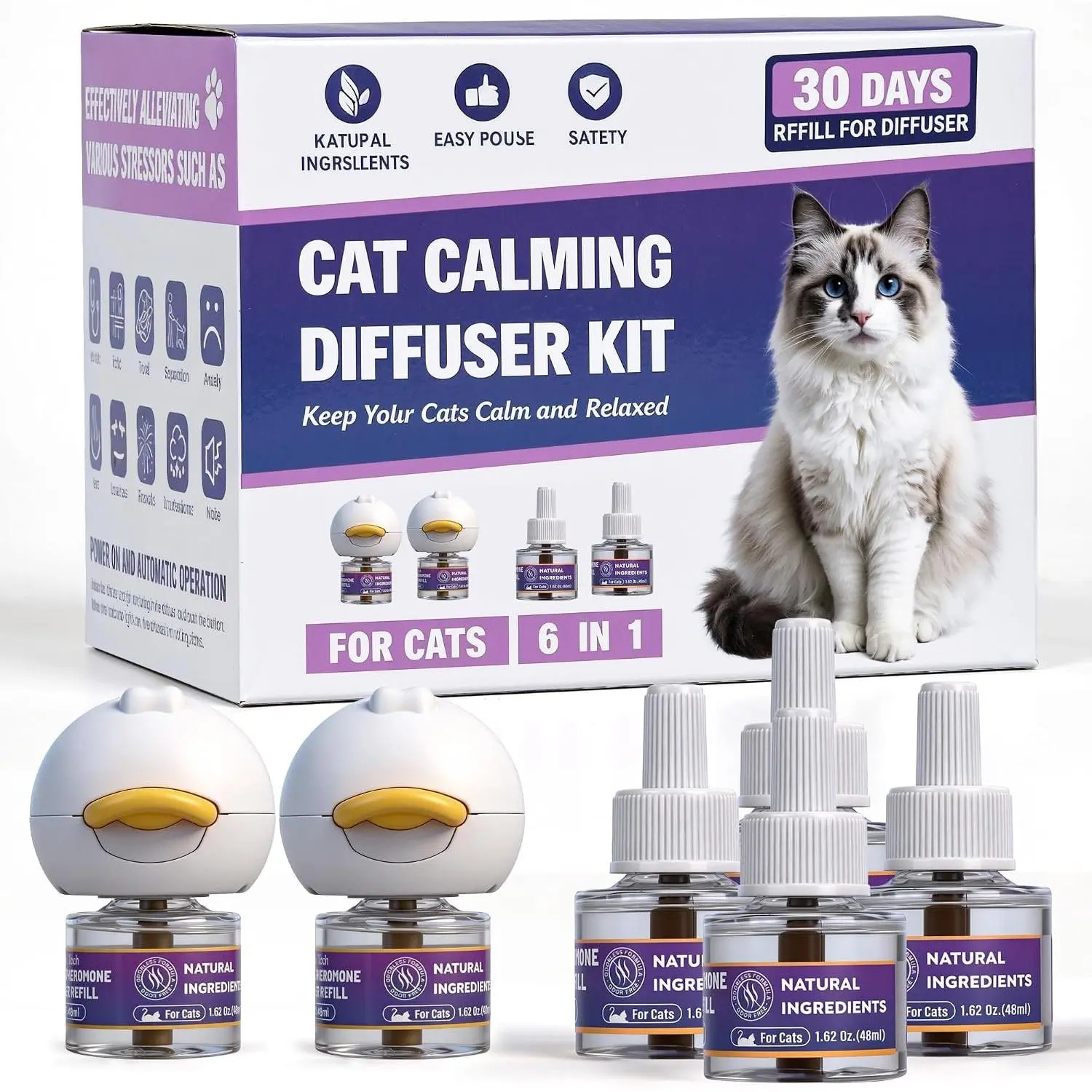 Cat Calming Pheromone Diffuser Plug in Cat Anxiety Relief Calmer with 2 Diffusers & 4 Refills 48ml/Bottle Reduce Stress Anxiety Fighting Urine Marking Scratching for All Cats