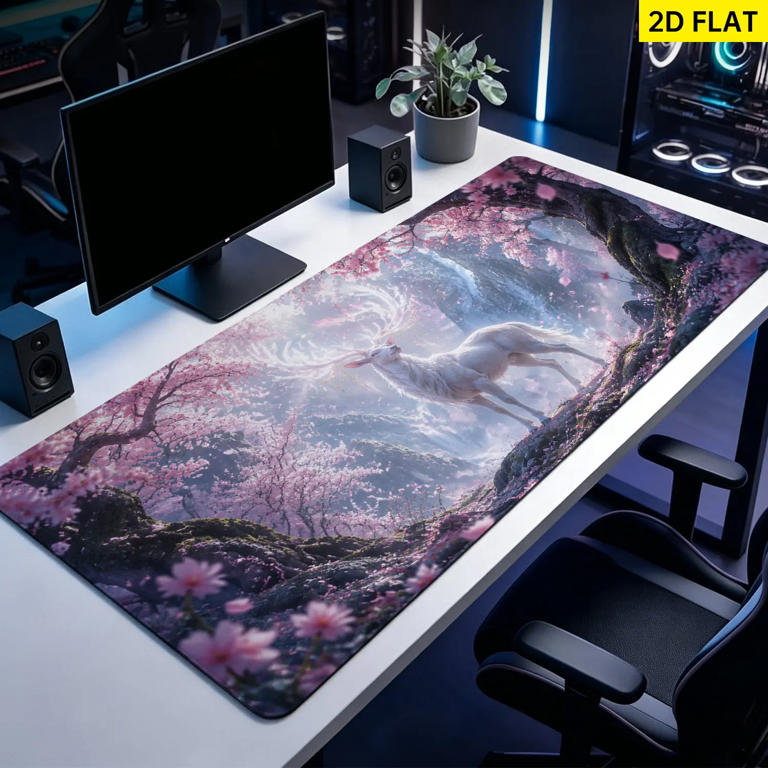 Extra Large fantasy white deer in cherry blossom forest Mouse Pad,Non Slip Rubber Pad,Desktop Decoration Drotection Pad,Washable,Lock Edge Multi Size,Premium Multipurpose Mousepad For Home,Office,Gift for Family and Friends