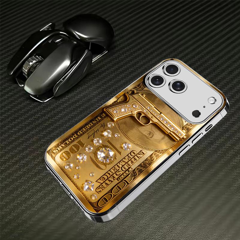 Whole Pistol Gold Dollar Pattern Electroplated Glass Phone Case, Available in Gold and Silver, High-end Luxury Phone Case, Compatible with iPhone 11/12/13/14/15/16/17