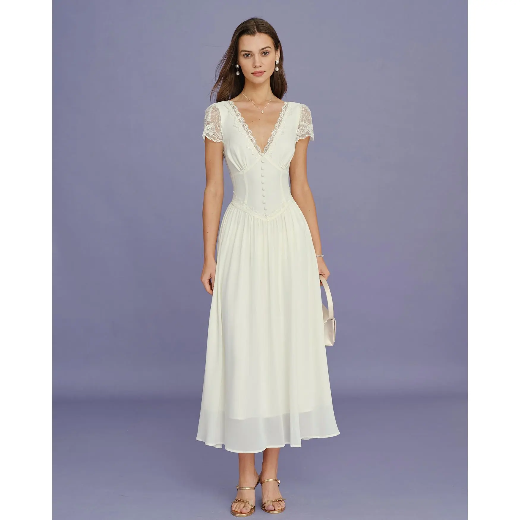 Apricot V Neck Lace Splicing Maxi Dress