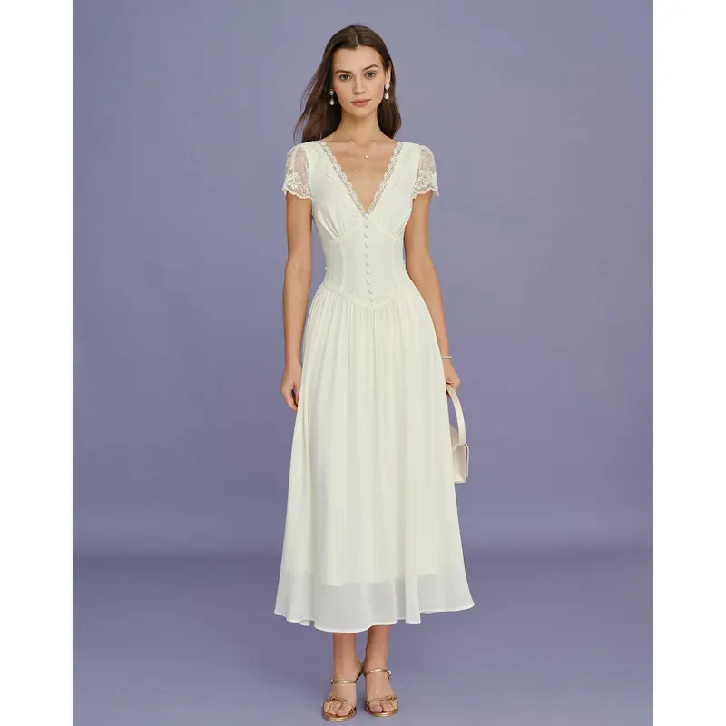 Apricot V Neck Lace Splicing Maxi Dress