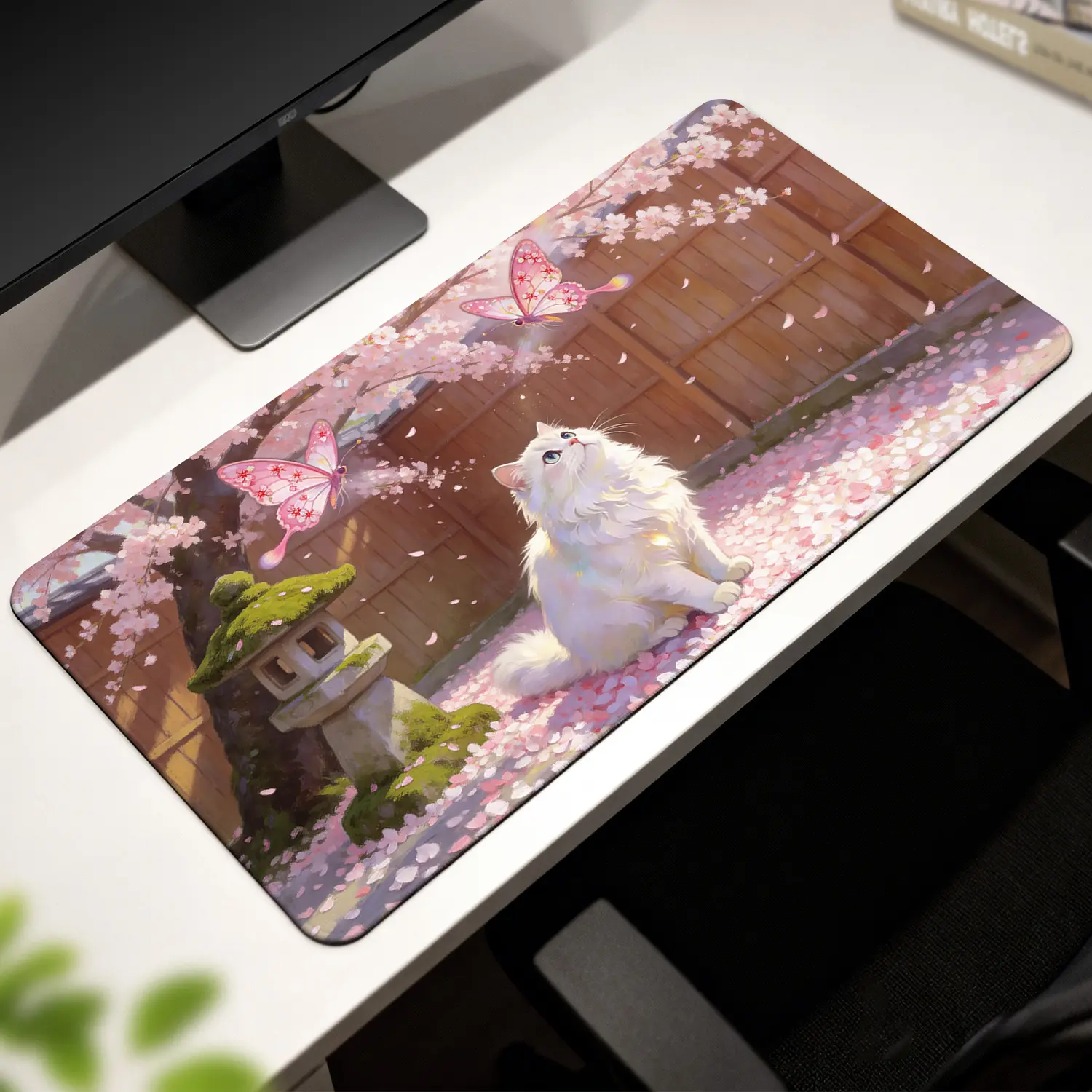 Premium White Fluffy Cat With Cherry Blossoms Illustration High Quality Mouse Pad Modern Office Gaming Comfort Experience NonSlip Durable For Daily Work And Play 40*80cm 40*90cm30*70cm