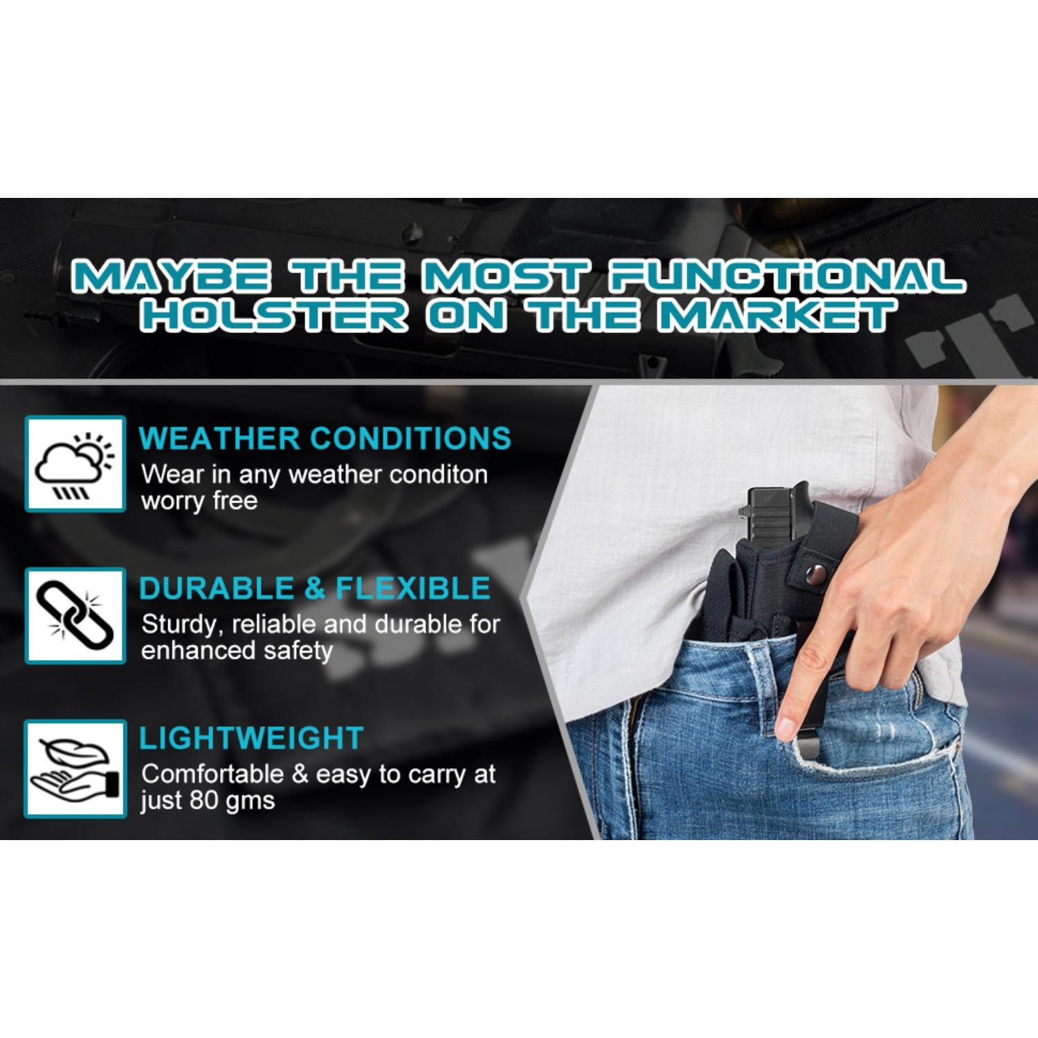 Pistol holsters (for 9mm, .380, and .45ACP pistols), IWB/OWB concealed carry holsters with magazine pouches for men and women, ambidextrous concealed carry (CCW) holsters (fit Glock, Smith & Wesson M&P, and SIG Sauer pistols), pistol mounting systems, eve