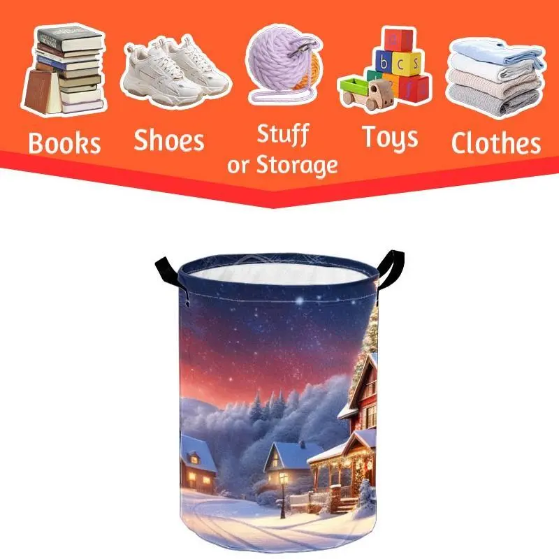 Winter Snowy Christmas Town Print Laundry Basket, Mixed Color Decorative Storage Hamper With Multiple Specifications Available, Practical Household Organizer for Laundry Room, Bedroom & Living Room Daily Use