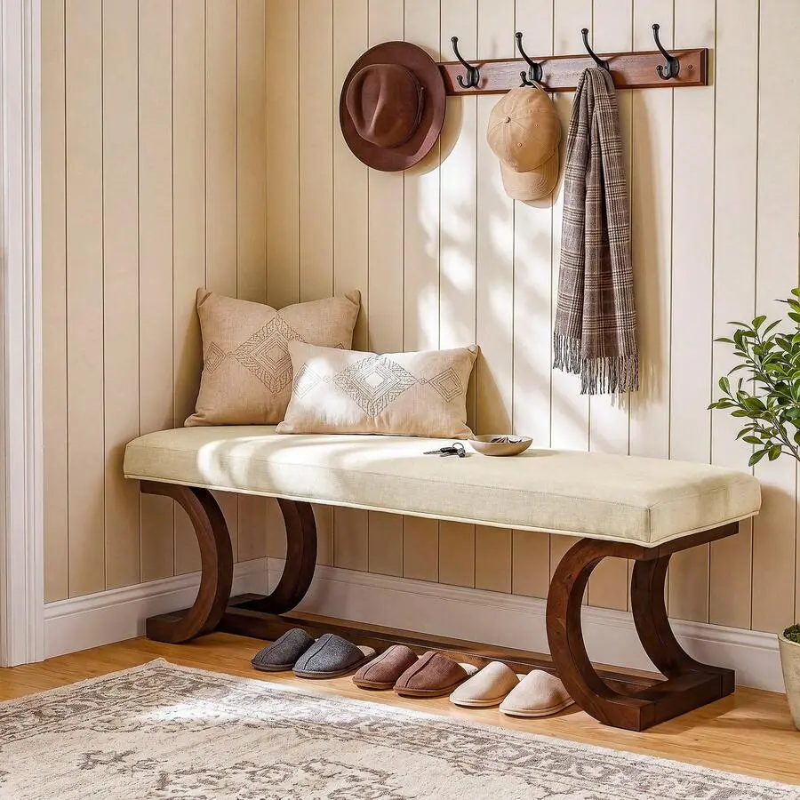 48" Upholstered Bench, Solid Wood Entryway Bench With Soft Cushion, Mid-Accent Furniture End Of Bed, Entryway & Dining Room, Dark Brown