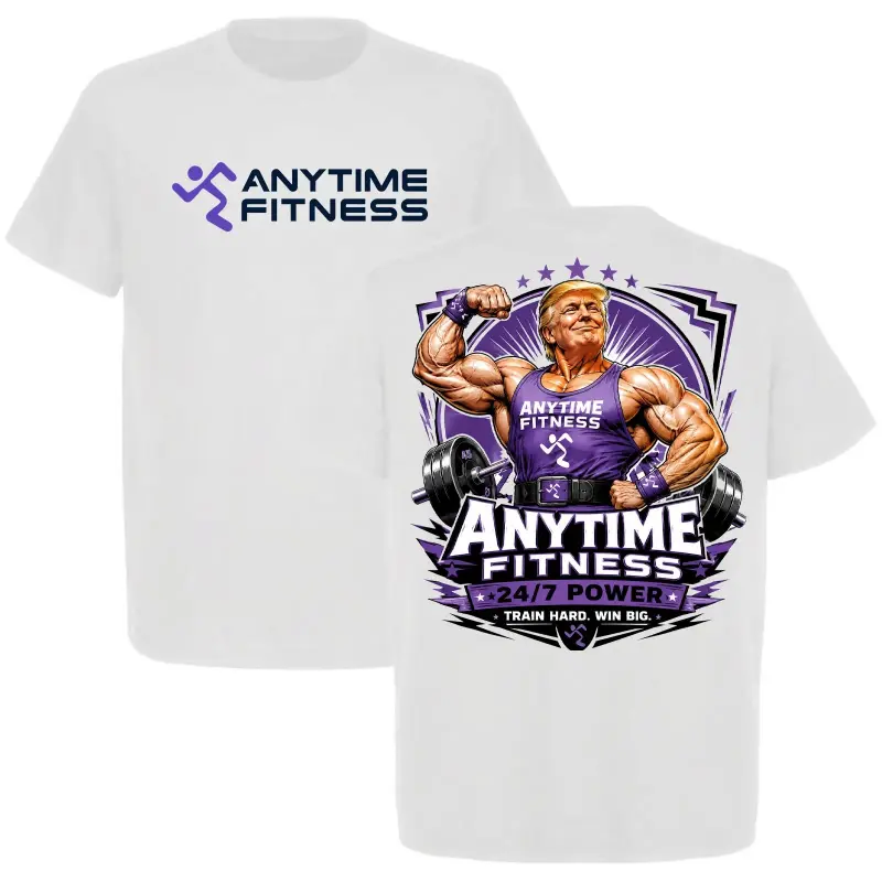 Graphic - T-Shirt Donald Trump Bodybuilder Anytime Fitness, Two-Sided Graphic Tee, 24/7 Power Gym Workout Shirt, Fitness Streetwear Unisex Short Sleeve Top, Funny Gym Lover Apparel, Casual Athletic Wear, Gift for Fitness Fans & Trump Supporters