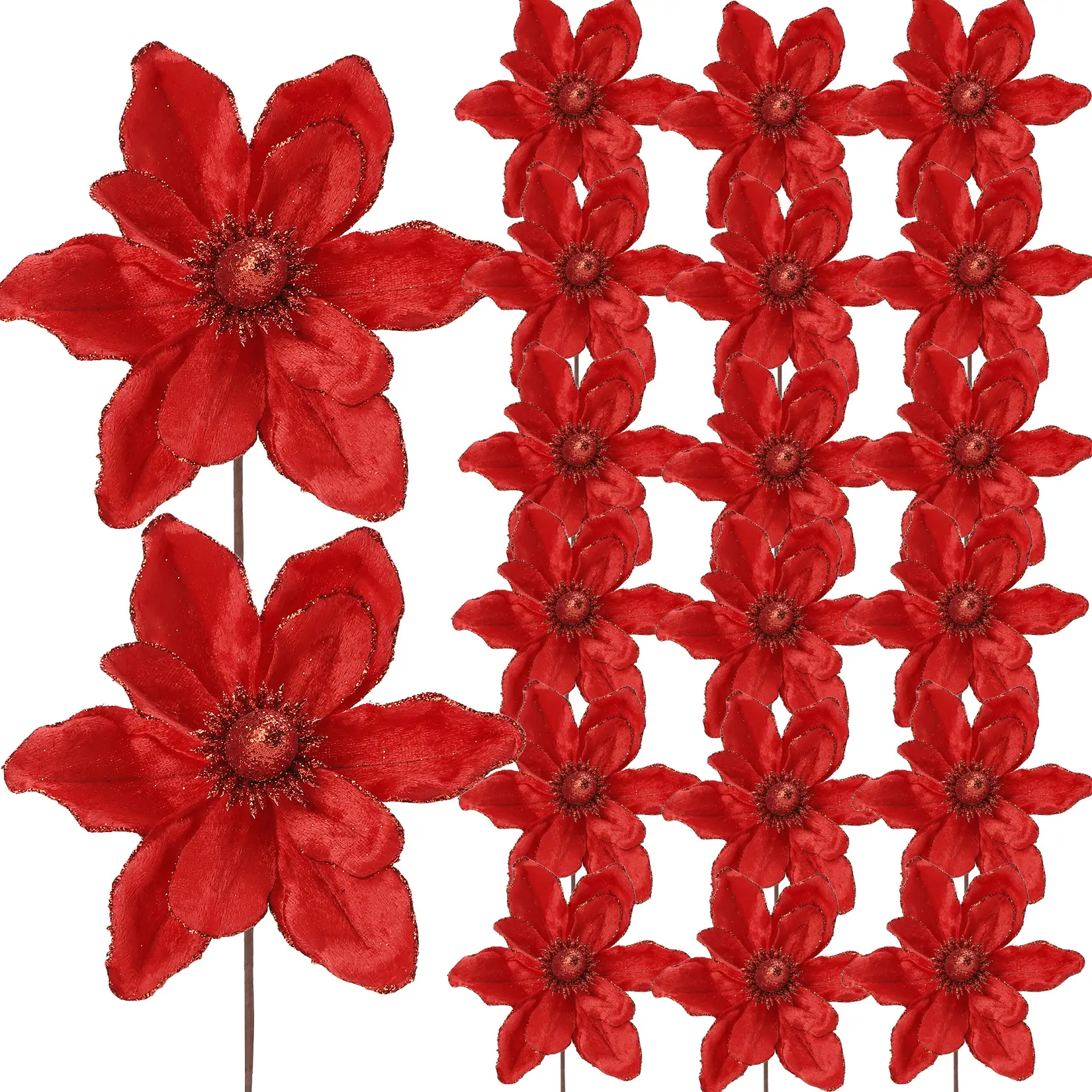 20 Pcs Glitter Velvet Artificial Magnolia Flowers for Christmas Tree Decoration – 6.3 inch Large Faux Blooms with Stems – Elegant for Wreaths, Garlands, Xmas, New Year & Wedding Decor