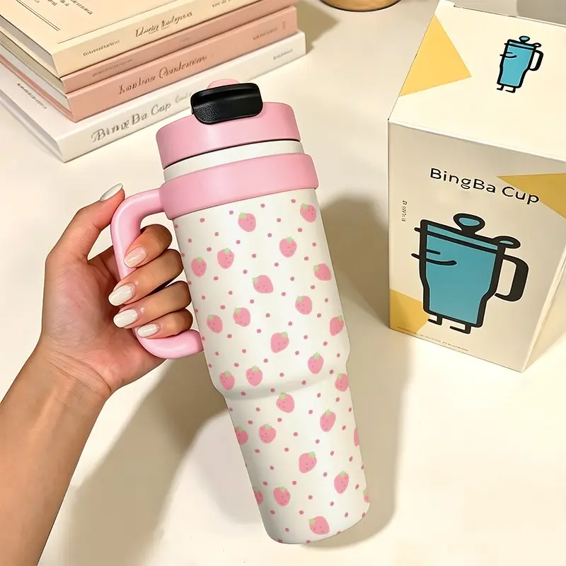 33oz Strawberry Polka Dot Car Cup, Stainless Steel Insulated Hydration Tumbler with Straw, Ideal for Sports, Home, Travel, Best Gift