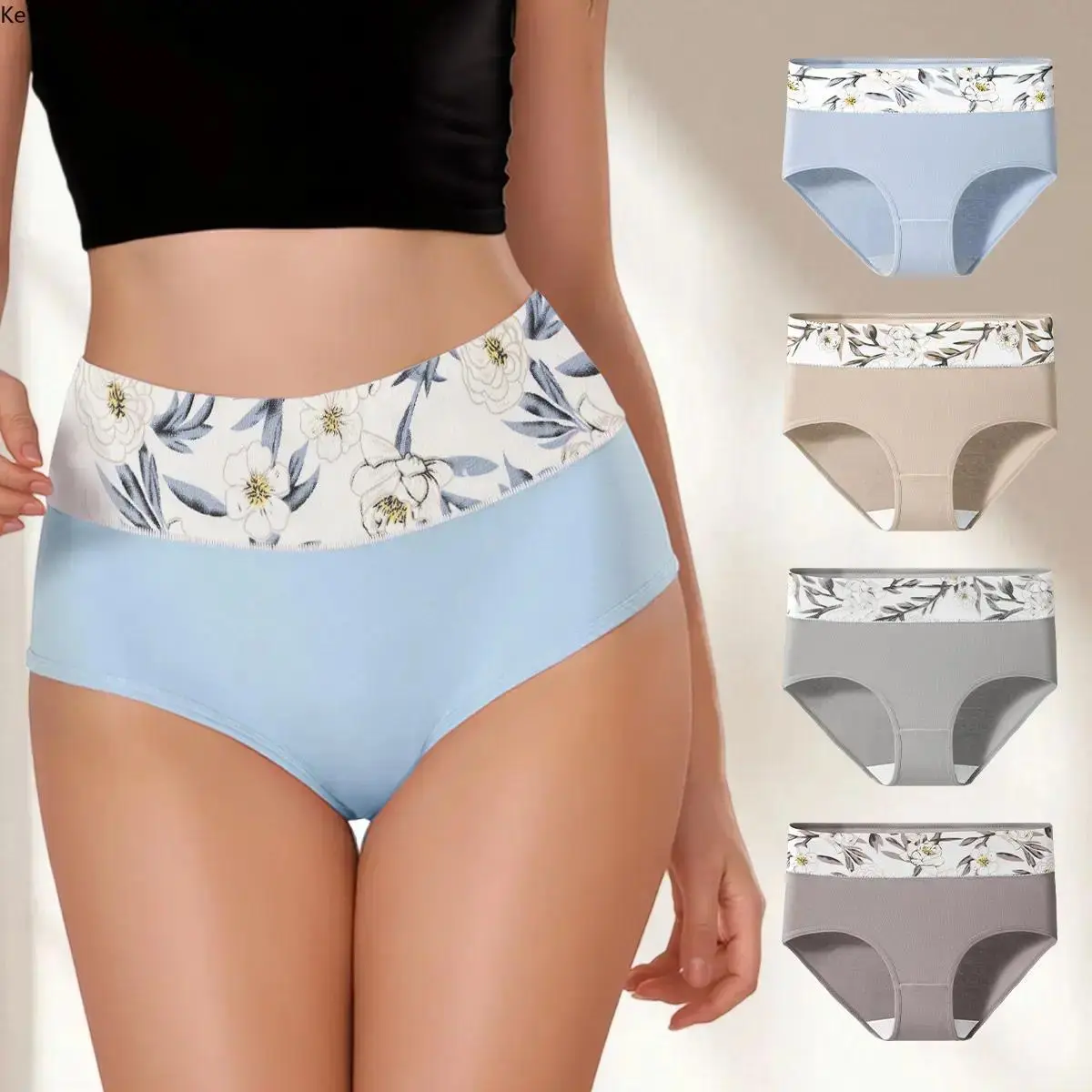 Women's 4PCS Plus Size High Rise Contrast Floral Print Knickers Set - Covered Waist, Double Layer, Soft Cotton Leg, Stretchy Casual Underwear